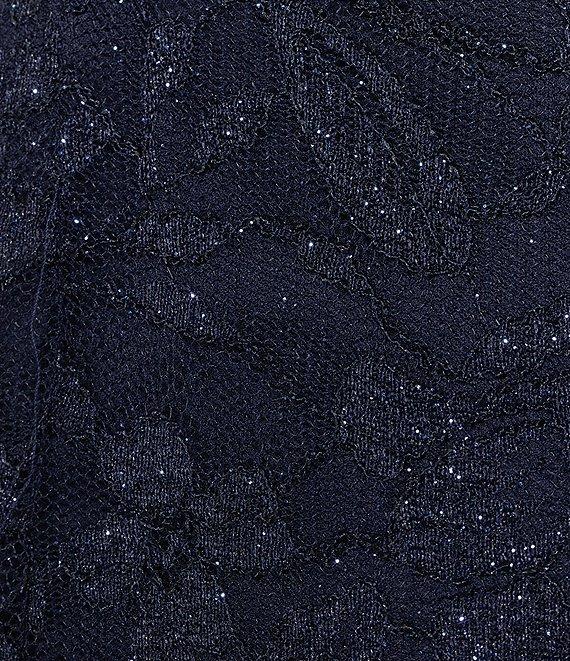 Honey and Rosie Glittered Stretch Lace Square Neck Criss Cross Mesh Insert Front Slit Dress Product Image