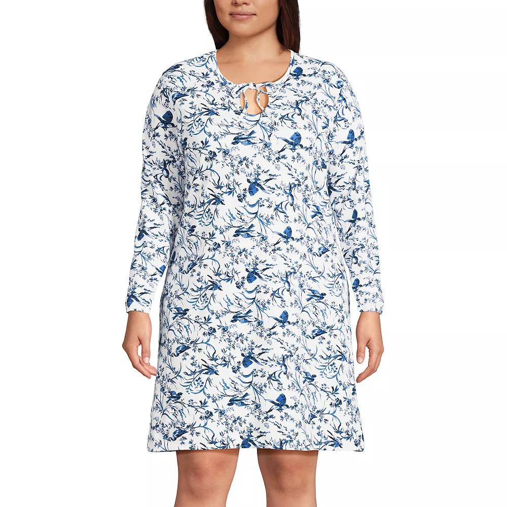 Plus Size Lands' End Cotton Long Sleeve Nightgown, Women's, Size: 3XL, Blue Linework Floral Product Image