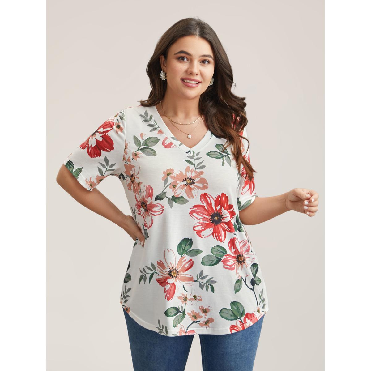 Plus Size Multi-Color Floral Print V-Neck T-Shirt Multicolor Women Timeless Non Natural Flowers V-neck Elegant T-shirts BloomChic 12/L Product Image