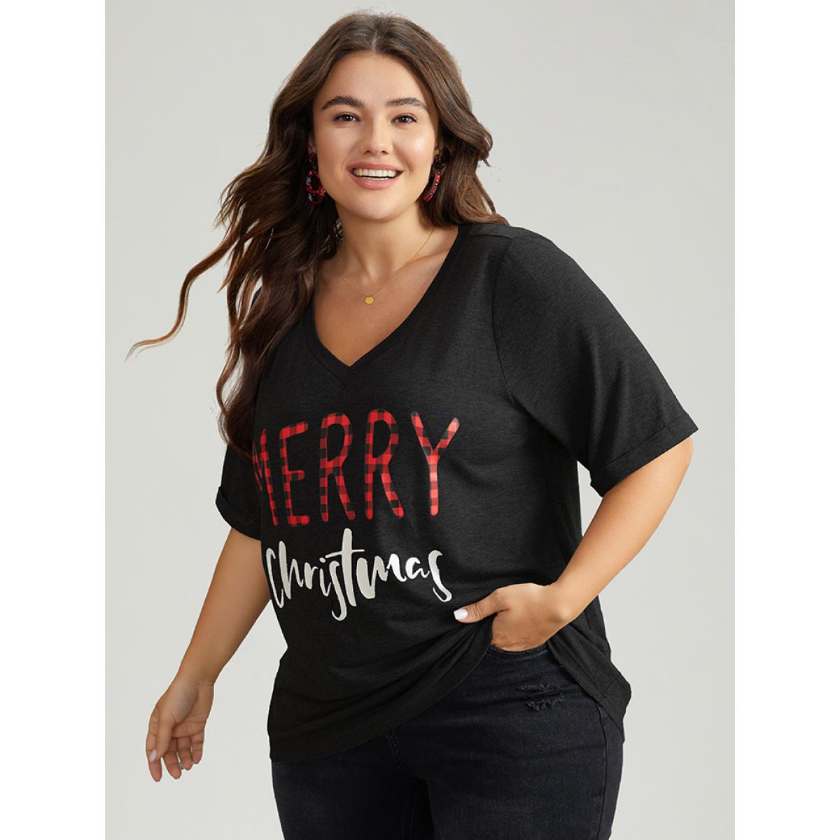 Plus Size Christmas Gingham Patchwork V Neck T-shirt Black Women Casual Printed Christmas Festival-Christmas T-shirts BloomChic 12/L Product Image