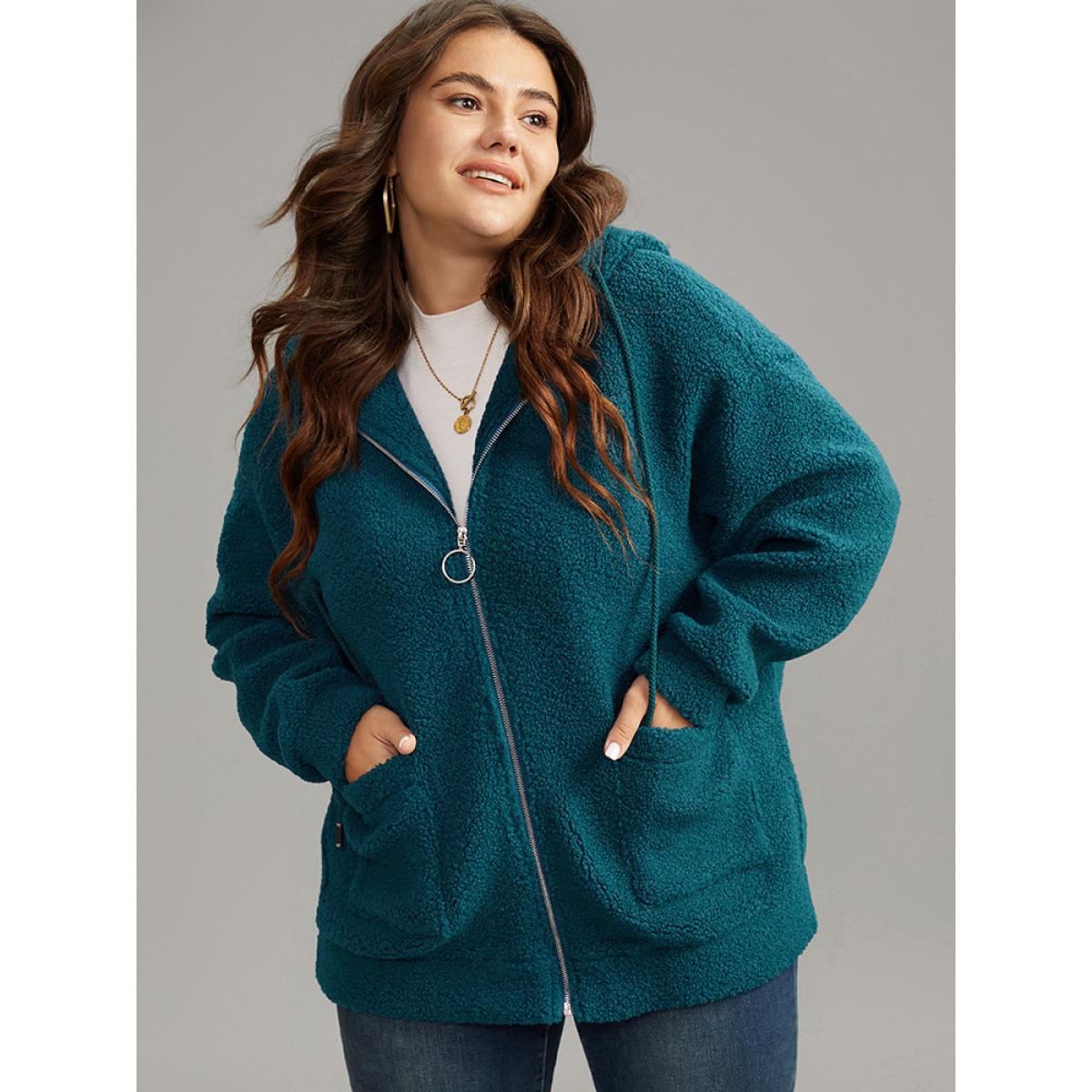 Plus Size Plain Texture O Ring Zipper Hooded Drawstring Jacket Women Aegean Texture Pocket Everyday Jackets BloomChic 10/M Product Image