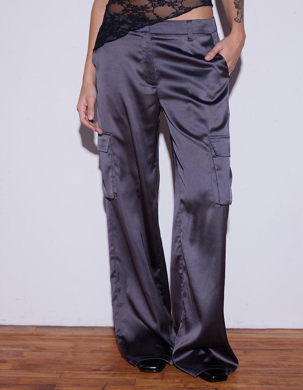 WEST OF MELROSE Womens Satin Cargo Pants - CHARCOAL Product Image