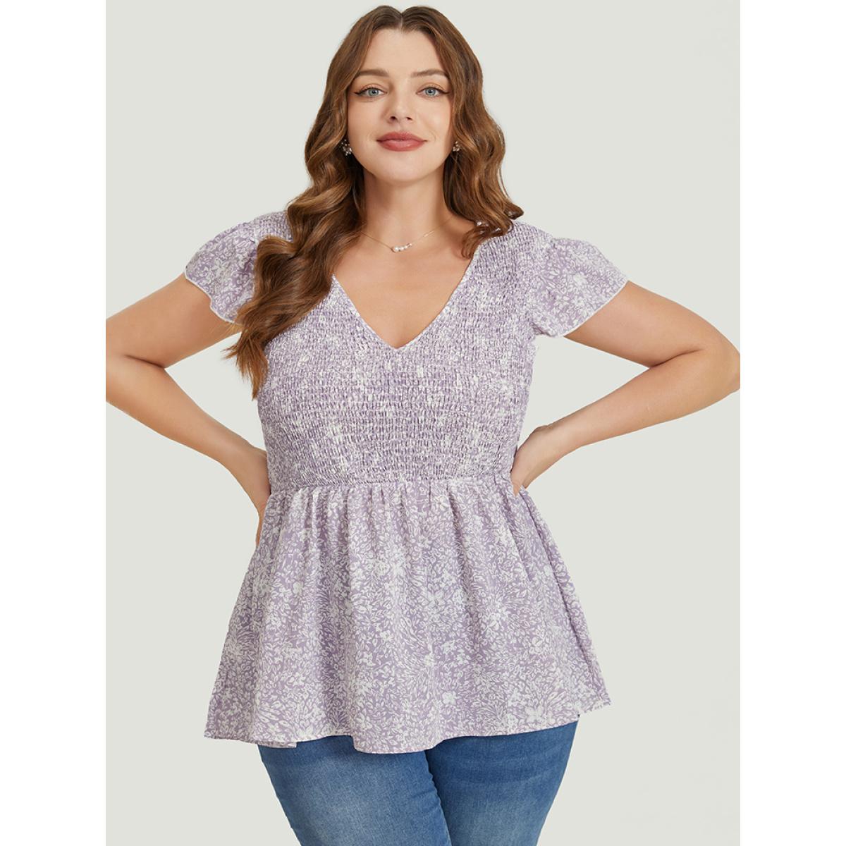 Plus Size Heather Ditsy Floral Cap Sleeve Shirred Blouse Women Elegant Cap Sleeve V-neck Dailywear Blouses BloomChic 12/L Product Image