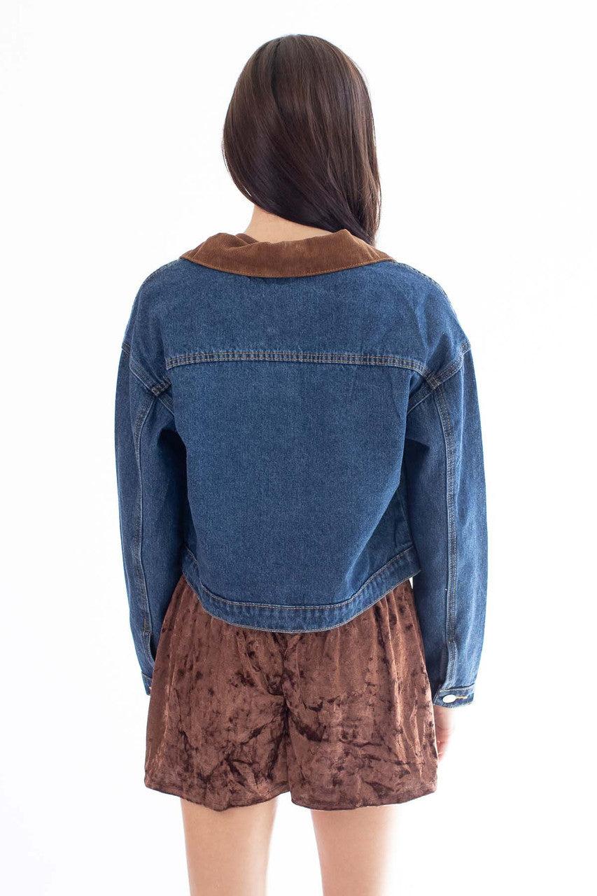 Corduroy Collar Dark Denim Jacket Product Image