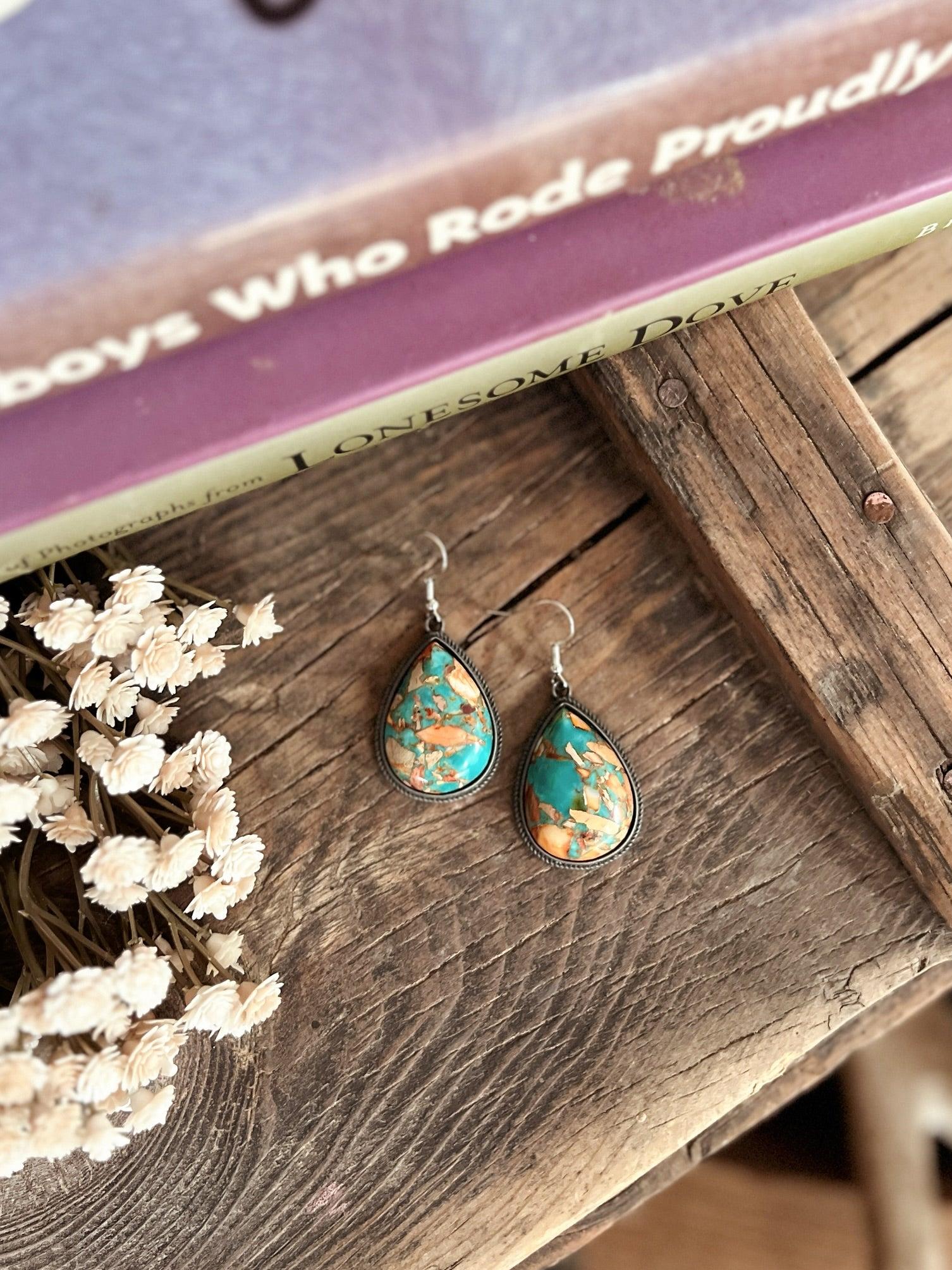 Big Tear Drop Stone Turquoise Dangle Earrings - 2 Colors Product Image