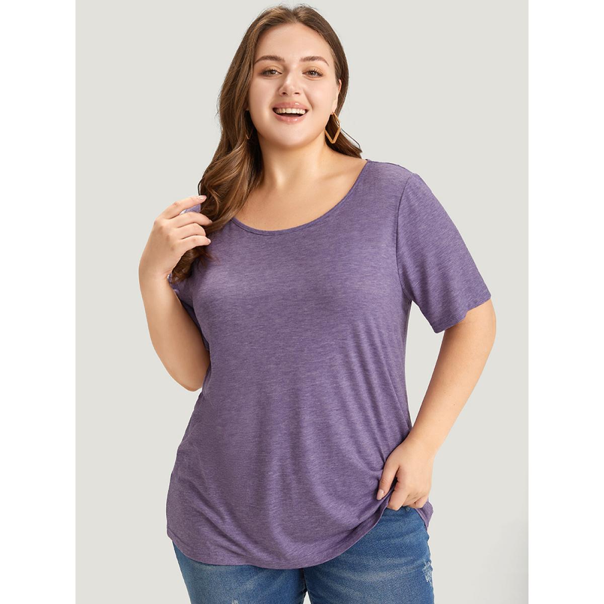 Plus Size Plain Contrast Lace Heather T-shirt Mauve Women Elegant Heather Plain Round Neck Dailywear T-shirts BloomChic 30/6X Product Image