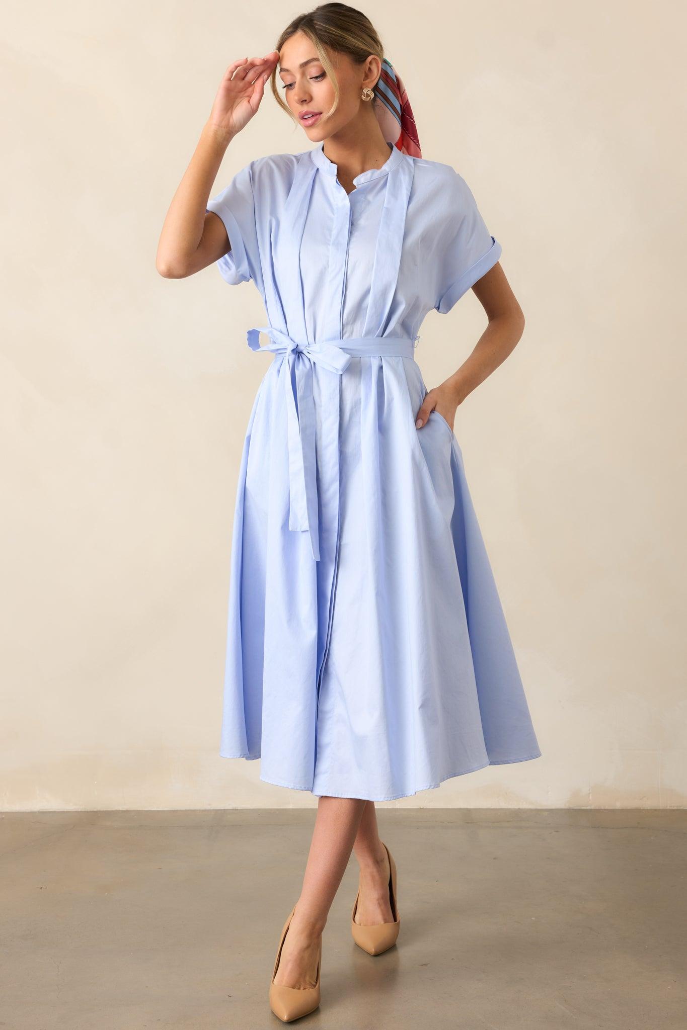 Late Nights Sky Blue Cotton Button Front Midi Dress Product Image