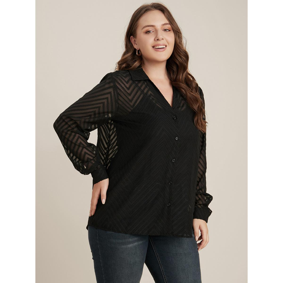 Plus Size Black Geometric Mesh Button Up Textured Blouse With Cami Top Women Office Long Sleeve Shirt collar Work Blouses BloomChic 12/L Product Image
