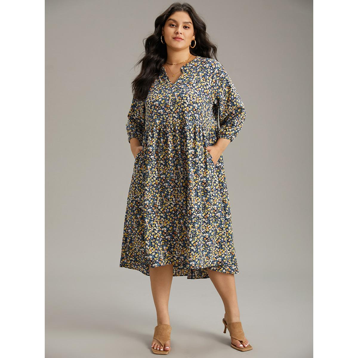 Plus Size Ditsy Floral Pocket Lantern Sleeve Ruffle Hem Dress Midnight Women Vacation Elastic cuffs Notched collar Elbow-length sleeve Curvy Midi Dress BloomChic 18-20/2X Product Image