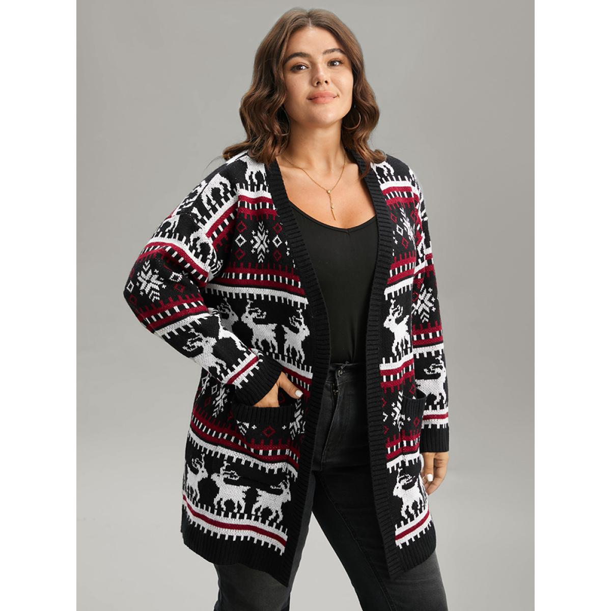 Plus Size Christmas Elk Open Front Pocket Cardigan Black Women Casual Loose Long Sleeve Festival-Christmas Cardigans BloomChic 14-16/1X Product Image