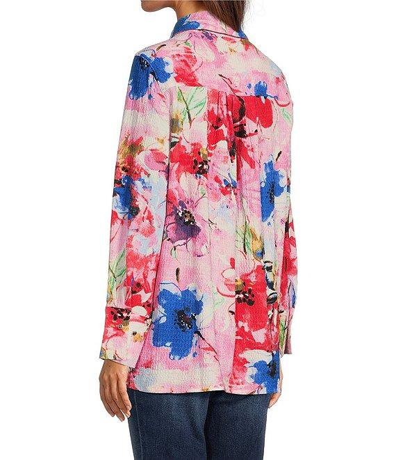 Calessa Antique Floral Print Textured Crinkle Point Collar Long Sleeve Button Front Tunic Product Image