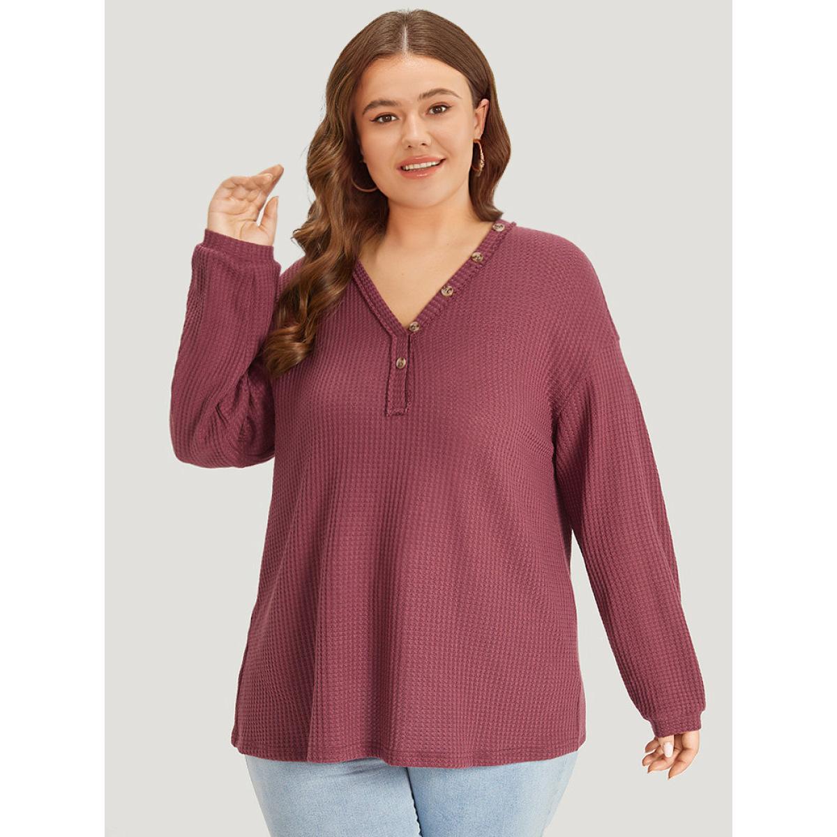Plus Size Waffle Knit Button Detail V Neck T-shirt Russet Women Casual Elastic cuffs Plain V-neck Dailywear T-shirts BloomChic 14-16/1X Product Image
