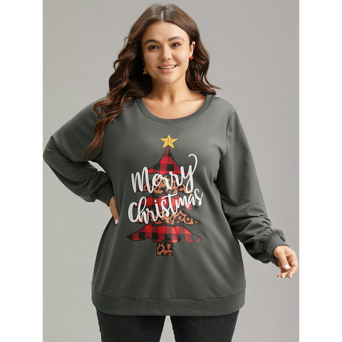 Plus Size Christmas Trees Round Neck Rib Knit Sweatshirt Women Gray Casual Rib Knit Festival-Christmas Sweatshirts BloomChic 14-16/1X Product Image