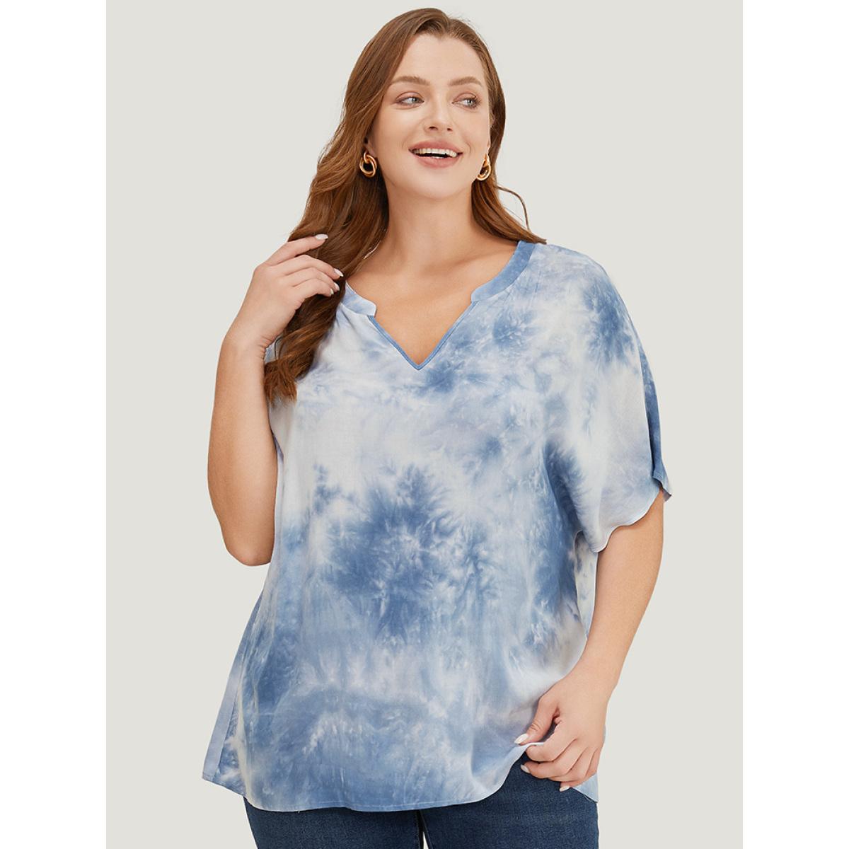 Plus Size Stone Tie Dye Notched Dolman Sleeve Blouse Women Vacation Short sleeve Notched collar Dailywear Blouses BloomChic 12/L Product Image