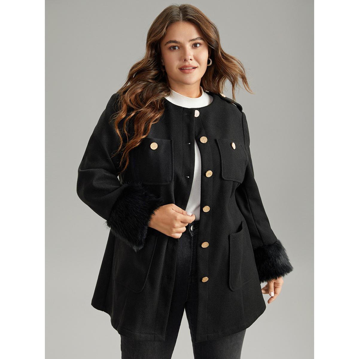 Plus Size Solid Fuzzy Sleeve Pocket Metal Detail Coat Women Black Casual Plain Ladies Dailywear Winter Coats BloomChic 26/4X Product Image