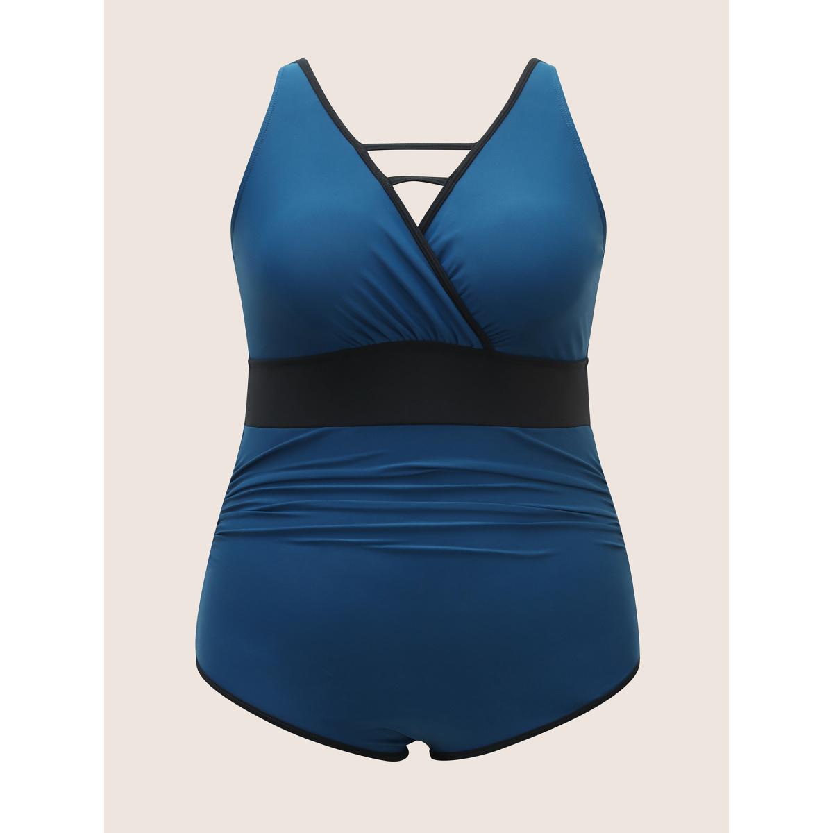 Plus Size Contrast Trim Keyhole Gathered One Piece Swimsuit Women's Swimwear Indigo Beach Gathered Curve Bathing Suits High stretch One Pieces BloomChic 14-16/1X Product Image