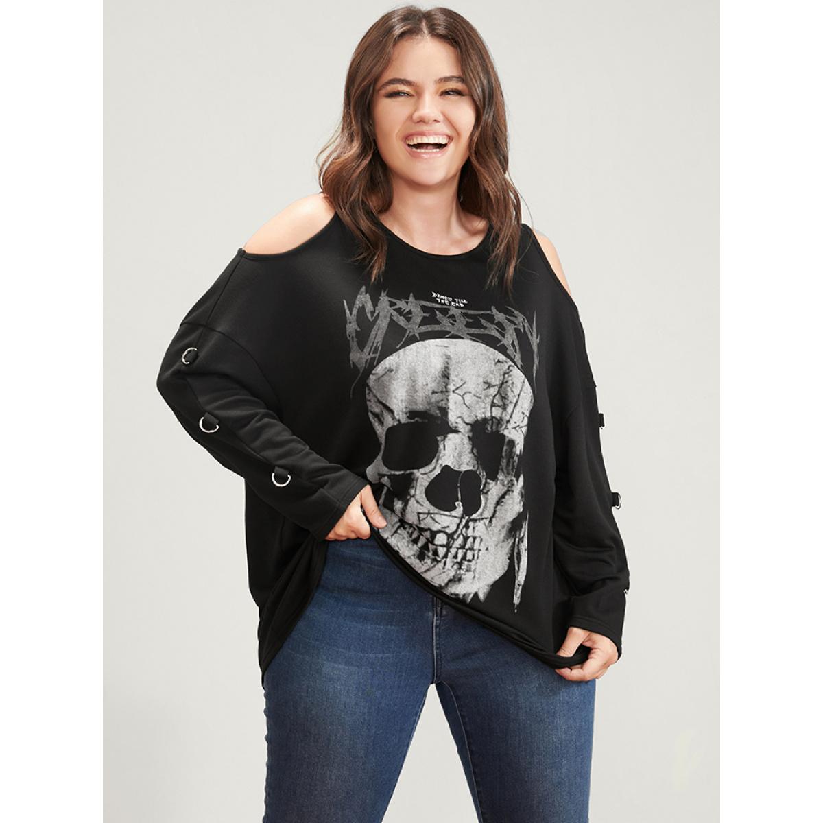 Plus Size Halloween Skull Print Cold Shoulder Sweatshirt Women Black Elegant Printed Round Neck Dailywear Sweatshirts BloomChic 10/M Product Image