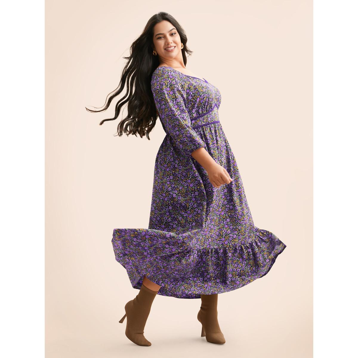Plus Size Ditsy Floral Woven Ribbon Maxi Dress Deeppurple Women Elegant Woven ribbon&lace trim Heart neckline Elbow-length sleeve Curvy BloomChic 26/4X Product Image