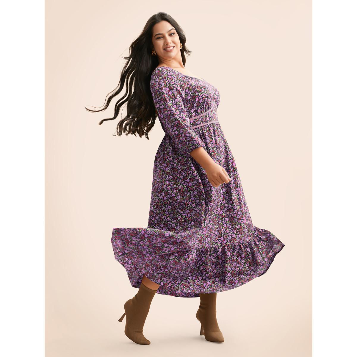 Plus Size Ditsy Floral Woven Ribbon Maxi Dress Lilac Women Elegant Woven ribbon&lace trim Heart neckline Elbow-length sleeve Curvy BloomChic 18-20/2X Product Image