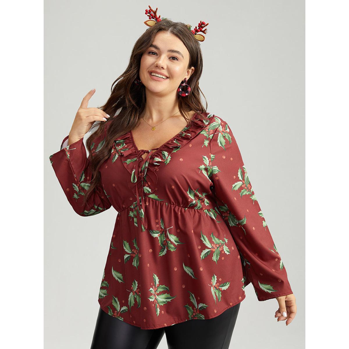 Plus Size Scarlet Plants Print Knot Neck Flutter Trim Blouse Women Elegant Long Sleeve V-neck Festival-Christmas Blouses BloomChic 22-24/3X Product Image