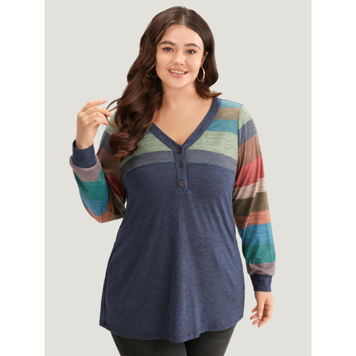 Plus Size Colorblock Contrast V Neck Button Up T-shirt Blue Women Casual Elastic cuffs Striped V-neck Everyday T-shirts BloomChic 30/6X Product Image