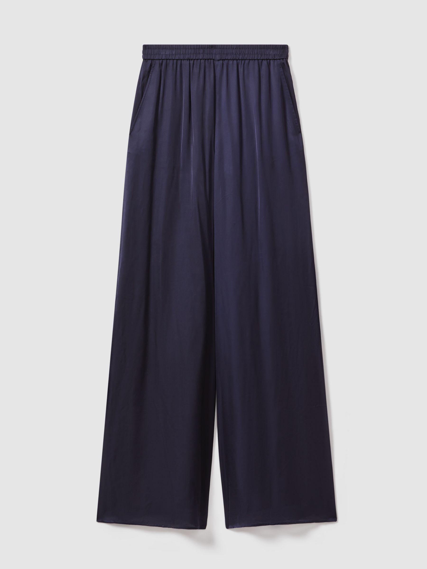 Satin Elasticated Waist Wide Leg Trousers in Navy Product Image