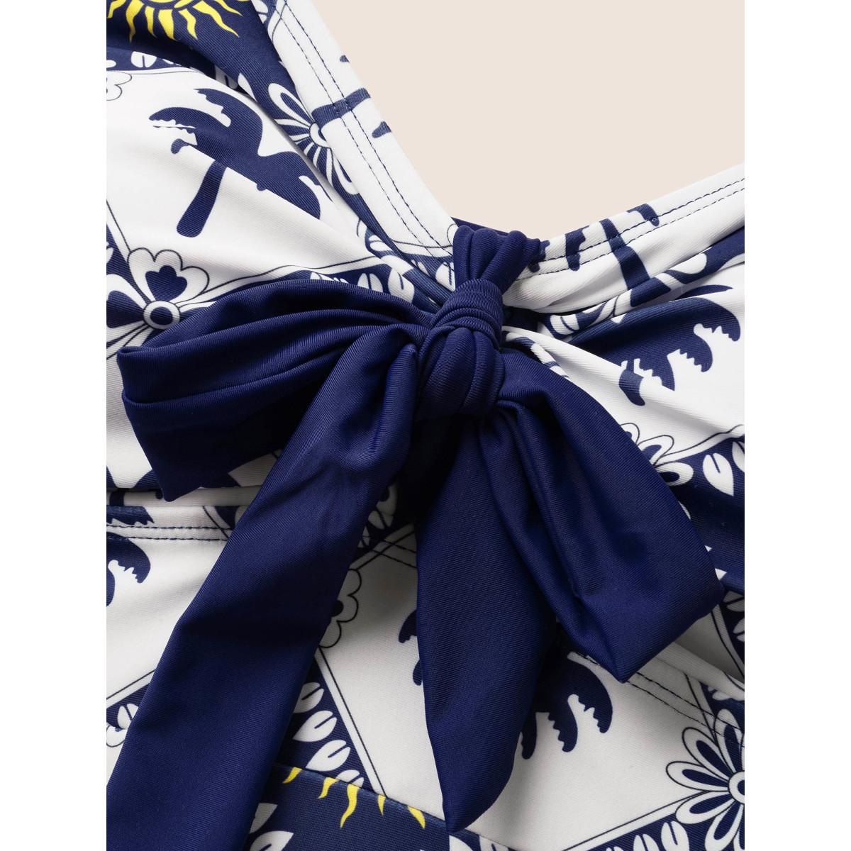 Plus Size Tropical Print Patchwork Gathered Knotted One Piece Swimsuit Women's Swimwear Indigo Beach Gathered Curve Bathing Suits High stretch One Pieces BloomChic 10/M Product Image