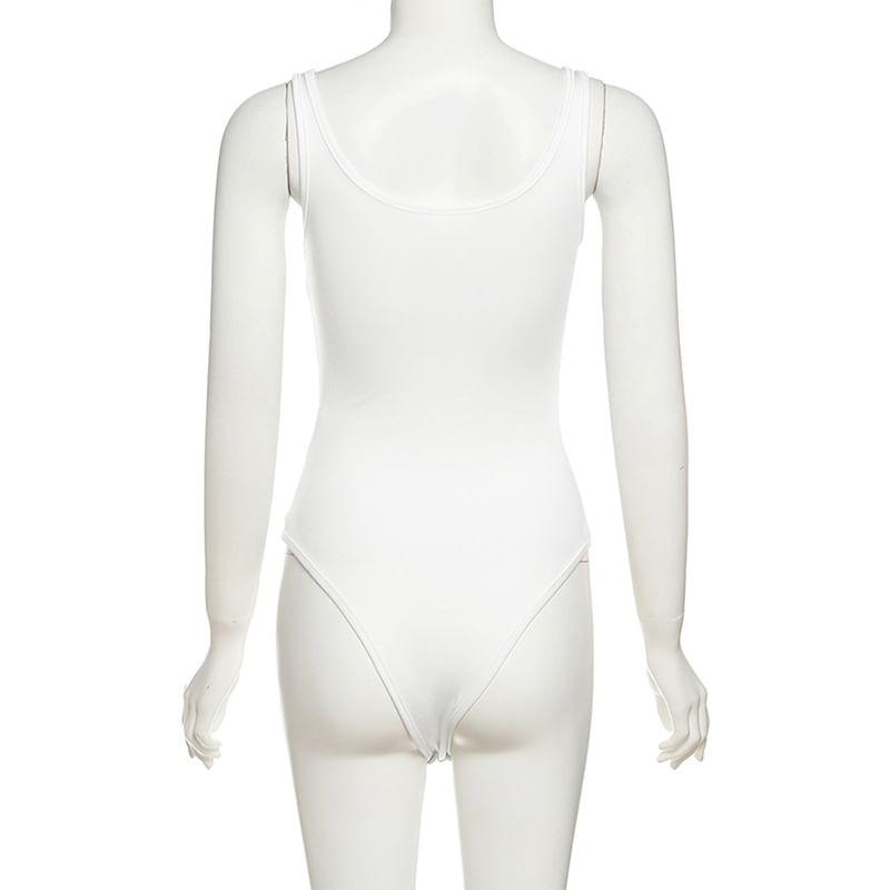 Sleeveless V-Neck Plain Ruched Zip Bodysuit Top Product Image