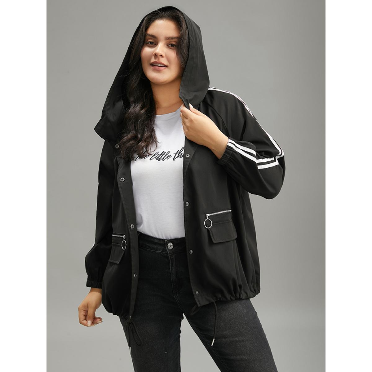 Plus Size Halloween Contrast Trim Zipper Drawstring Button Up Coat Women Black Casual Elastic cuffs Ladies Dailywear Winter Coats BloomChic 14-16/1X Product Image