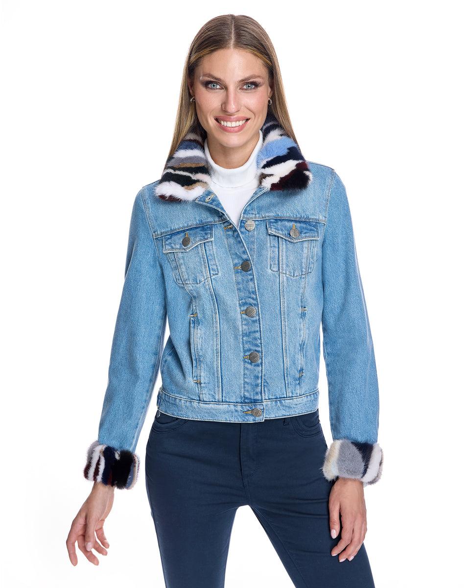 Denim Jacket with mink collar and cuff Product Image