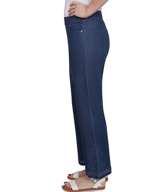 Ruby Rd. Petite Size Straight Leg Embroidered Eyelet Hem Pull-On Jeans Product Image