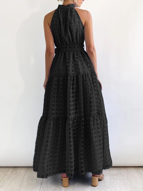 Loose Sleeveless Plaid Ribbed Stand Collar Maxi Dresses Product Image