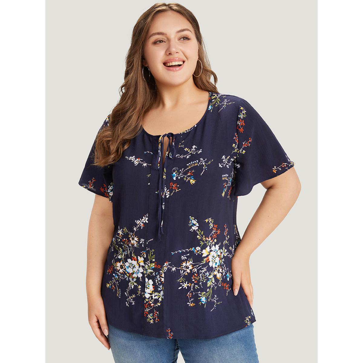 Plus Size Blue Floral Print Knot Neck Blouse Women Elegant Short sleeve Tie Neck Dailywear Blouses BloomChic 10/M Product Image