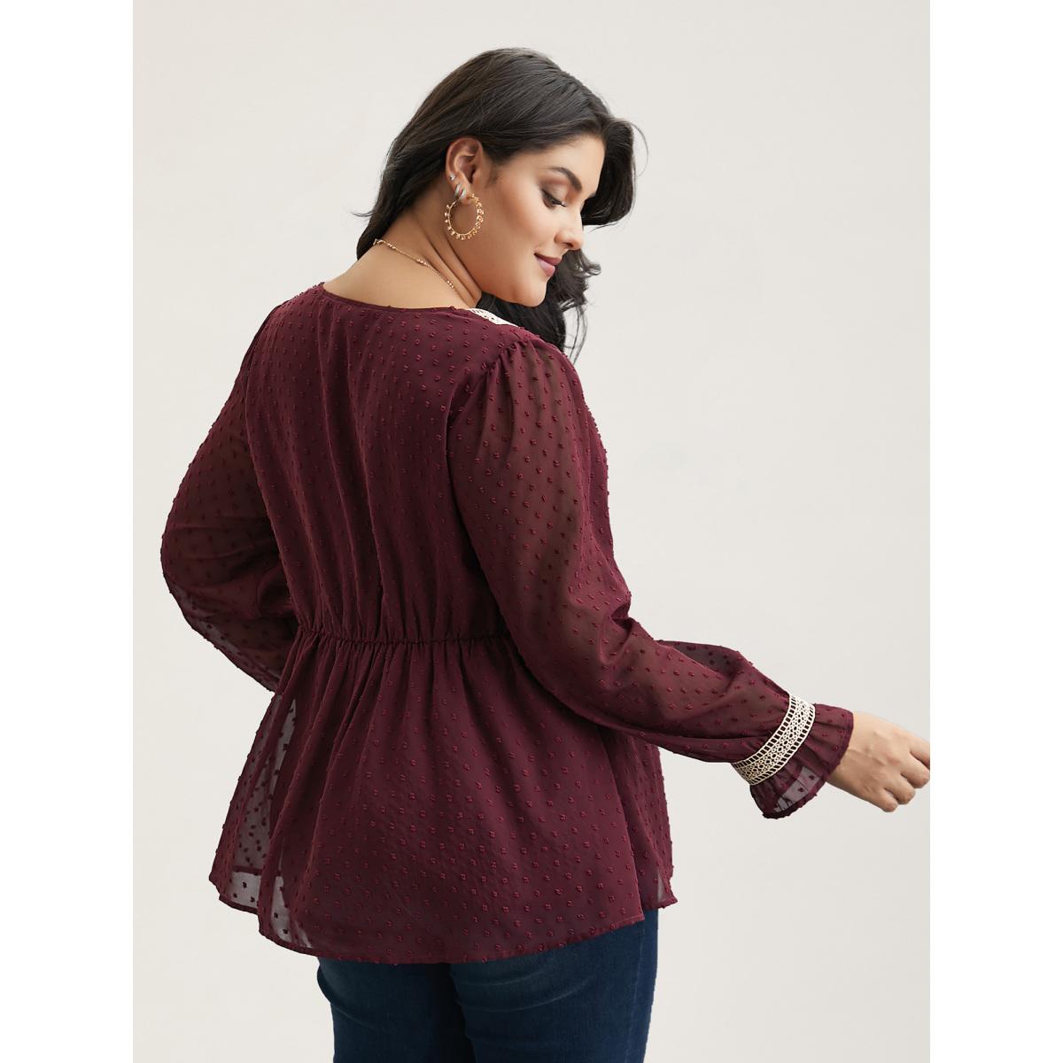 Plus Size Burgundy Contrast Webbing Cut-Out Stretchy-Waist Blouse Women Elegant Extra Long Sleeve V-neck Everyday Blouses BloomChic 18-20/2X Product Image