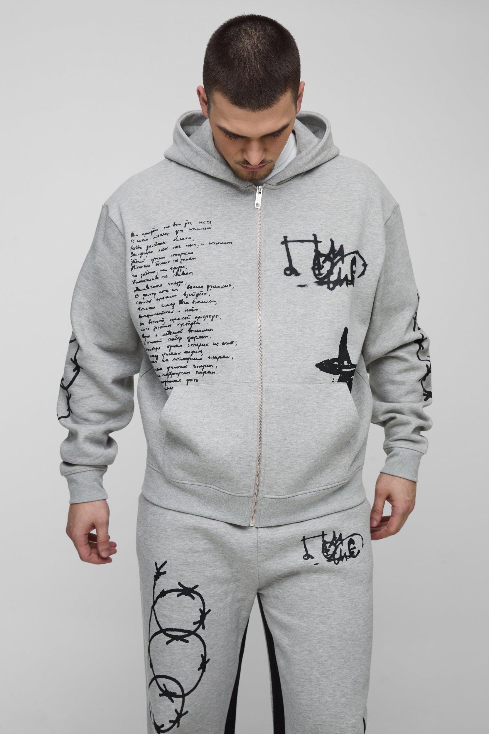 Tall Oversized Multi Placement Graffiti Zip Through Gusset Hooded Tracksuit | boohooMAN USA Product Image