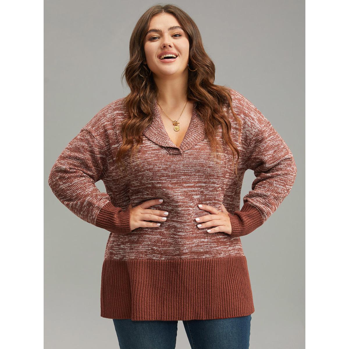 Plus Size Heather Lapel Collar Contrast Patchwork Pullover Rust Women Casual Loose Long Sleeve Lapel Collar Dailywear Pullovers BloomChic 10/M Product Image