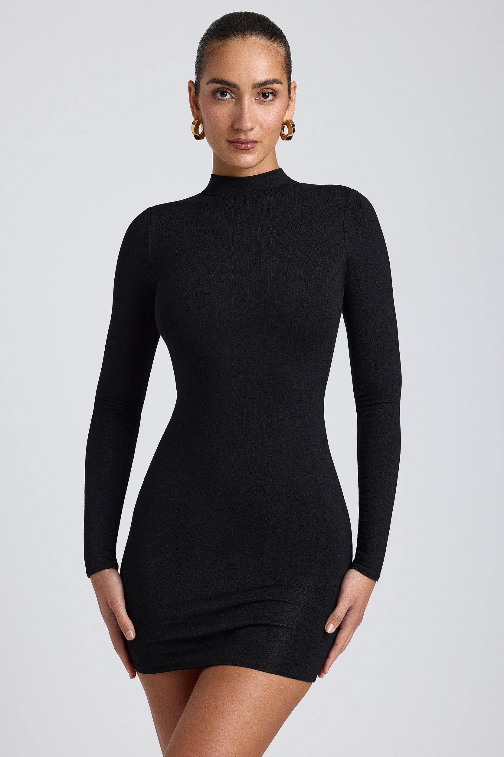 Modal Open-Back Long-Sleeve Mini Dress in Black Product Image