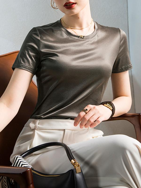 Loose Short Sleeves Shiny Solid Color Round-Neck T-Shirts Tops Product Image