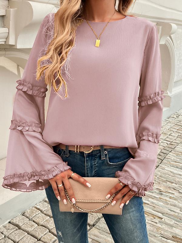 Flared Sleeves Long Sleeves Solid Color Split-Joint Round-Neck T-Shirts Tops Product Image