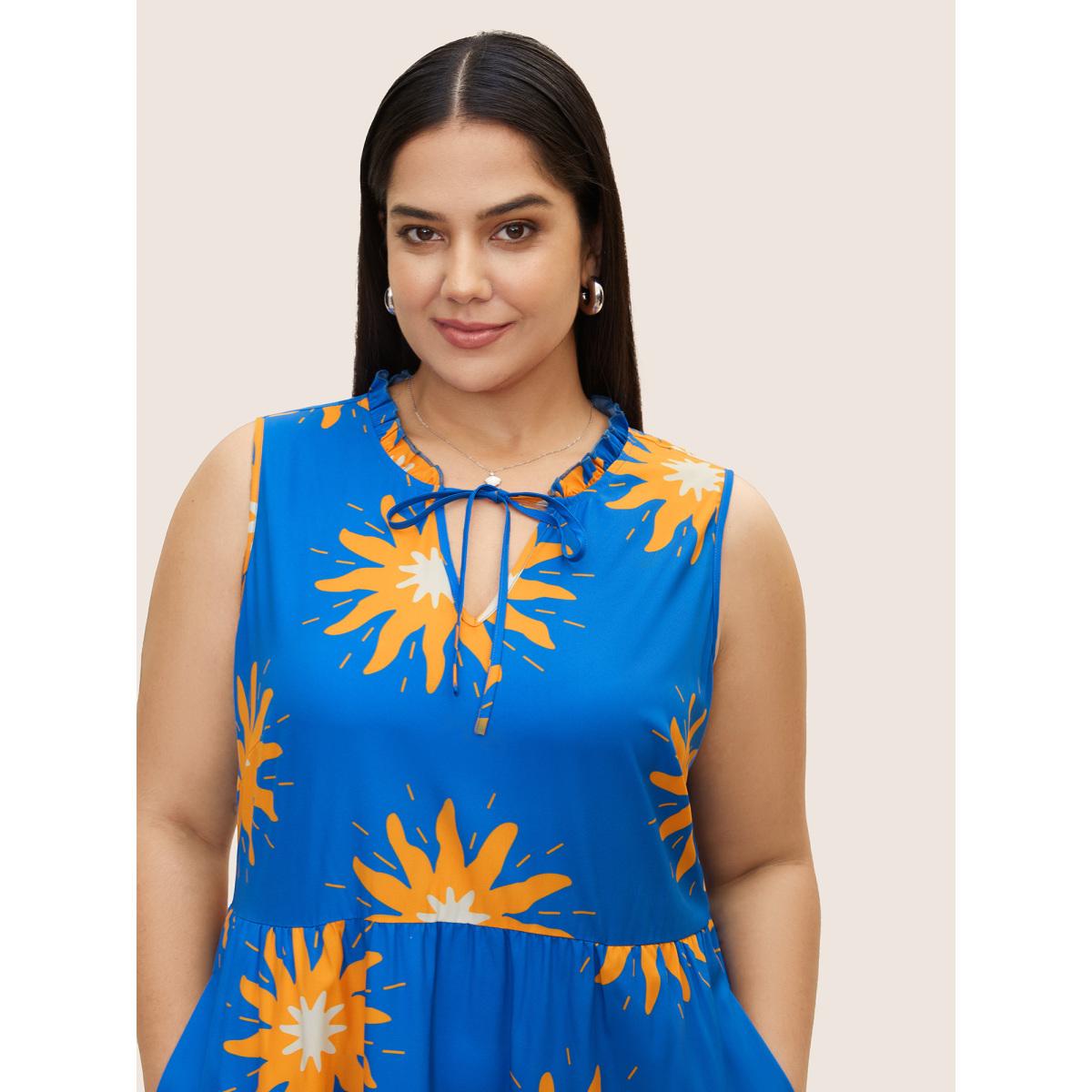Plus Size Sun Print Tie Knot Ruffle Layered Hem Dress Skyblue Women Elegant Cross straps Round Neck Sleeveless Curvy BloomChic 18-20/2X Product Image