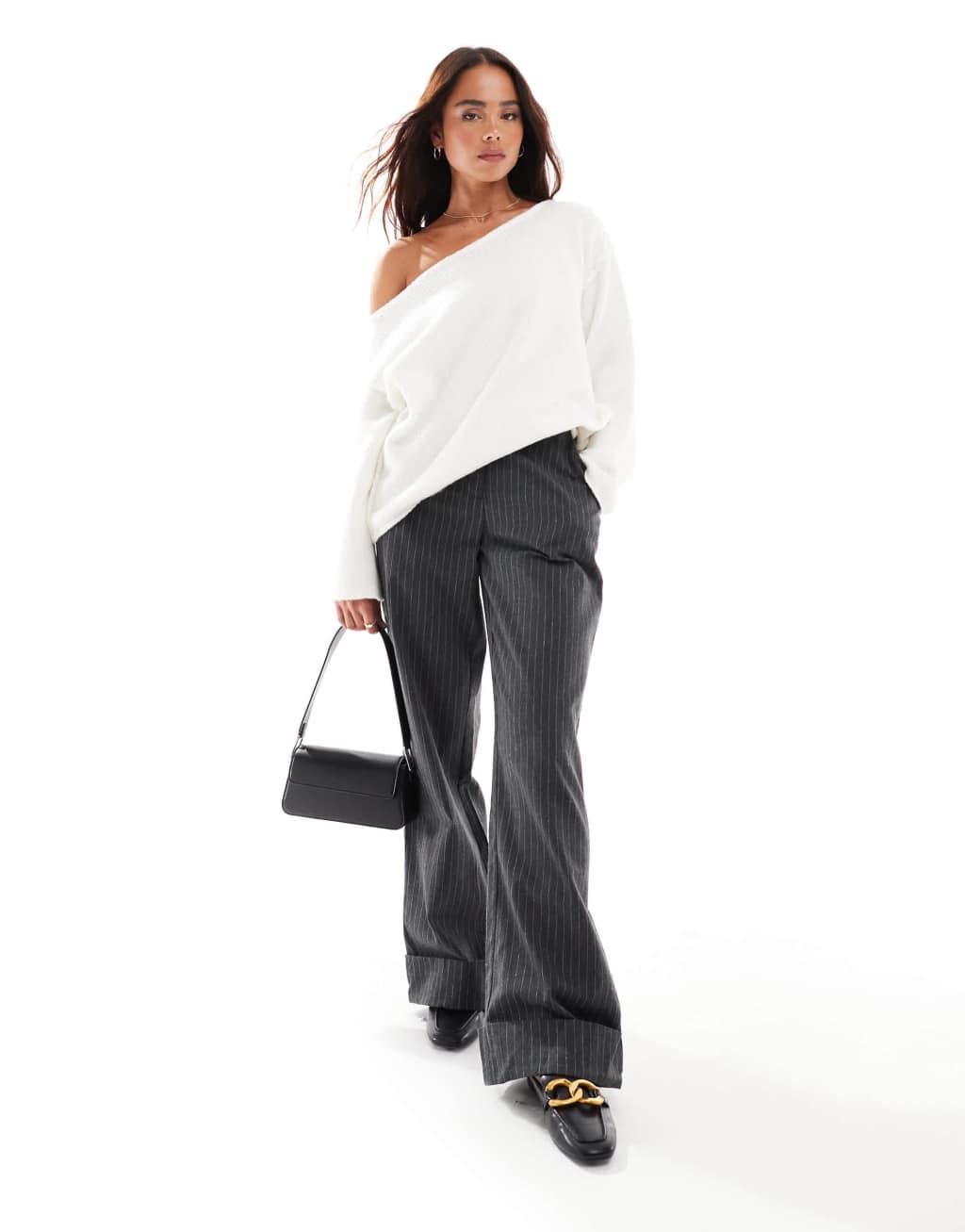 Miss Selfridge asymmetric off the shoulder slouchy cozy knit sweater in cream Product Image