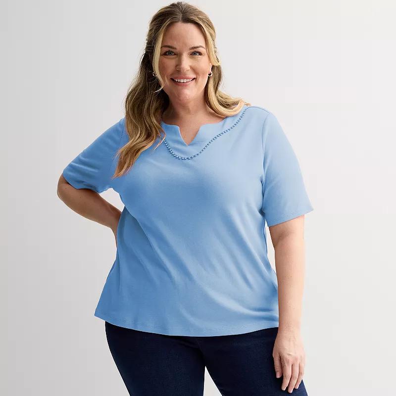 Plus Size Croft & Barrow Bobble Trim Split Neck Top, Womens Product Image