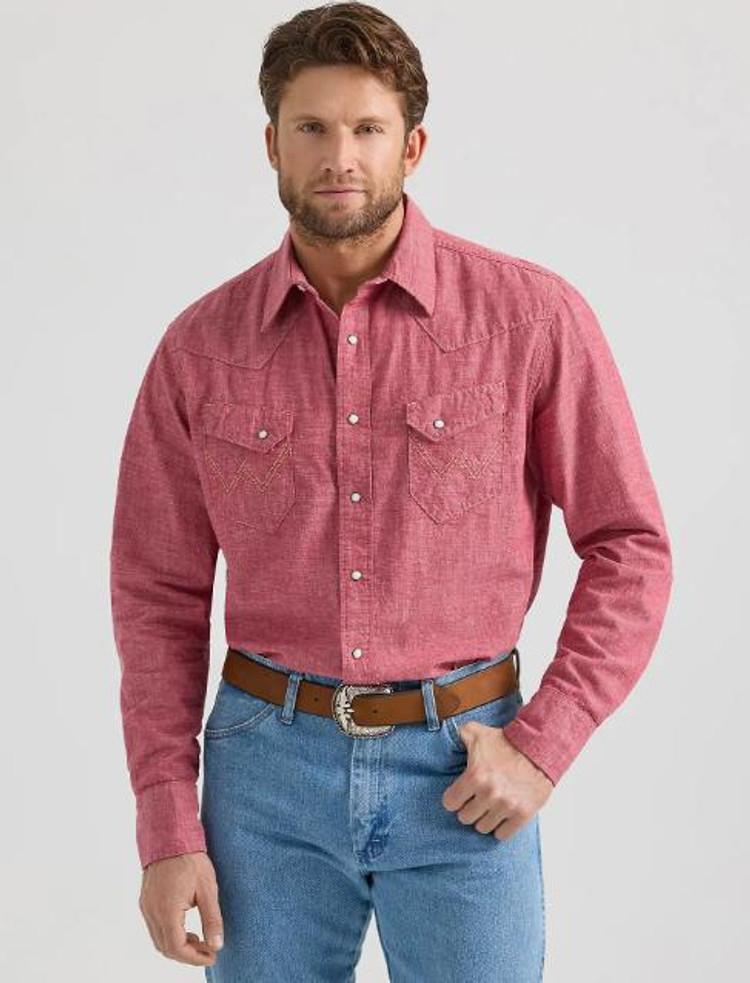 SALE Wrangler® Men's L/S Chambray Red Snap Workshirt Product Image