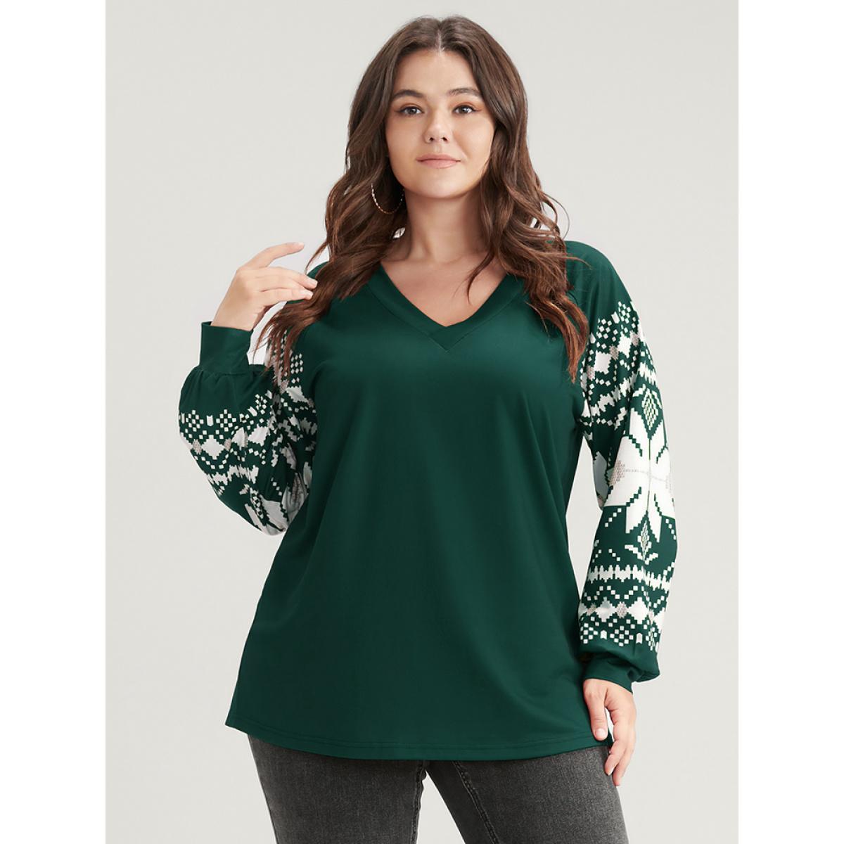 Plus Size Snowflake Print V Neck Drop Shoulder Sweatshirt Women DarkGreen Casual Contrast V-neck Festival-Christmas Sweatshirts BloomChic 26/4X Product Image