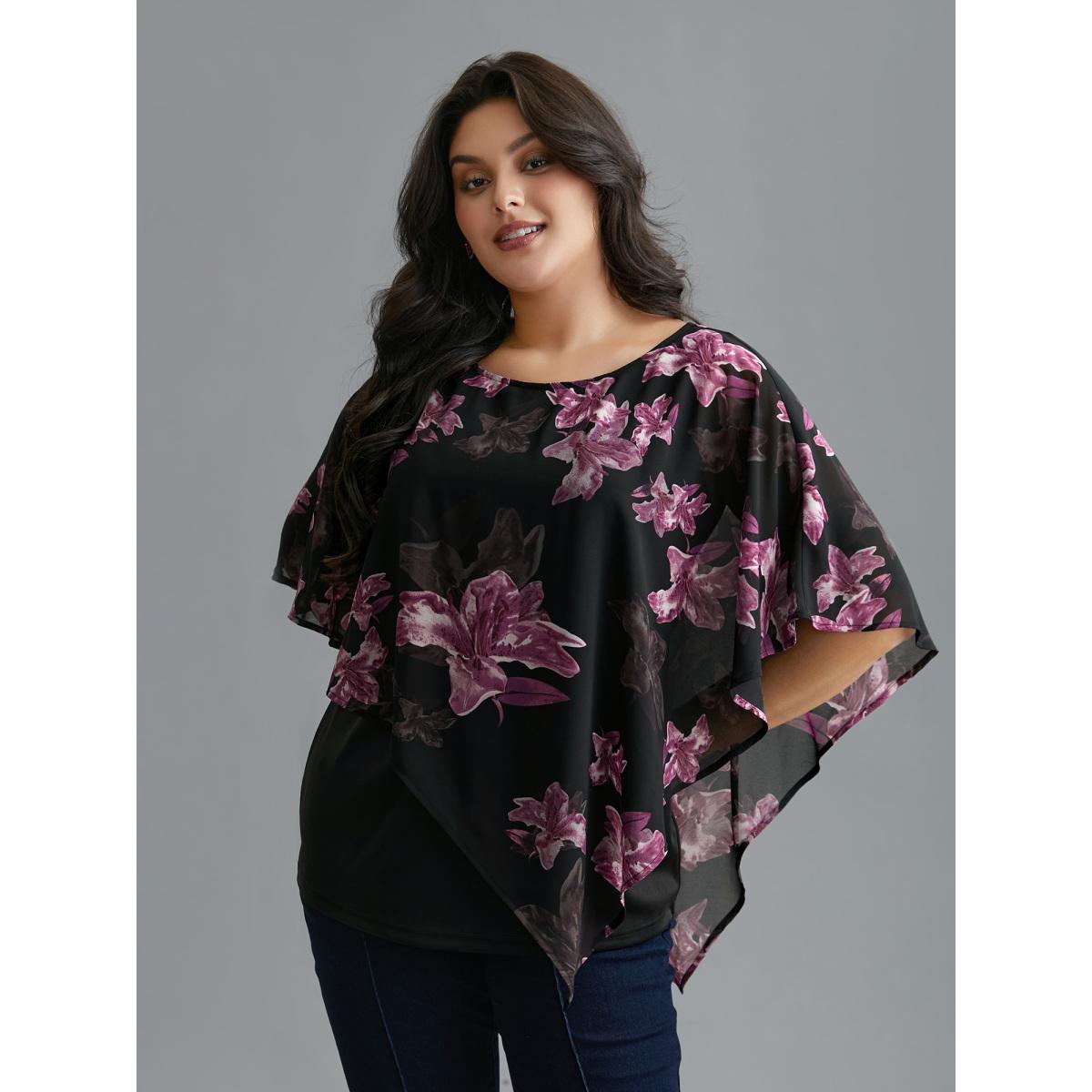 Plus Size Black Floral Asymmetrical Sheer Dolman Sleeve Blouse Women Elegant Elbow-length sleeve Round Neck Everyday Blouses BloomChic 18-20/2X Product Image