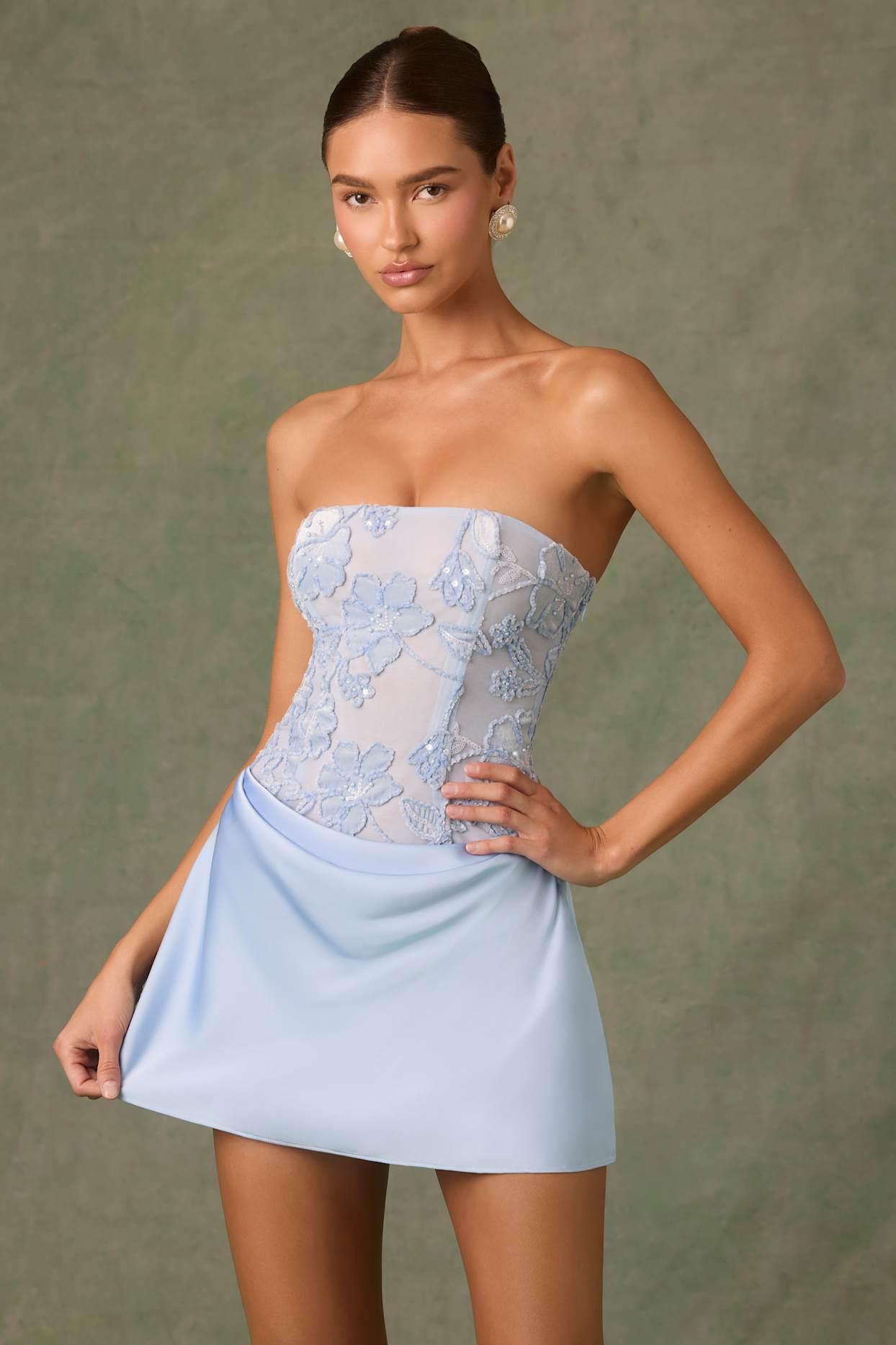 Embellished Draped Strapless A-Line Mini Dress in Sky Blue Product Image