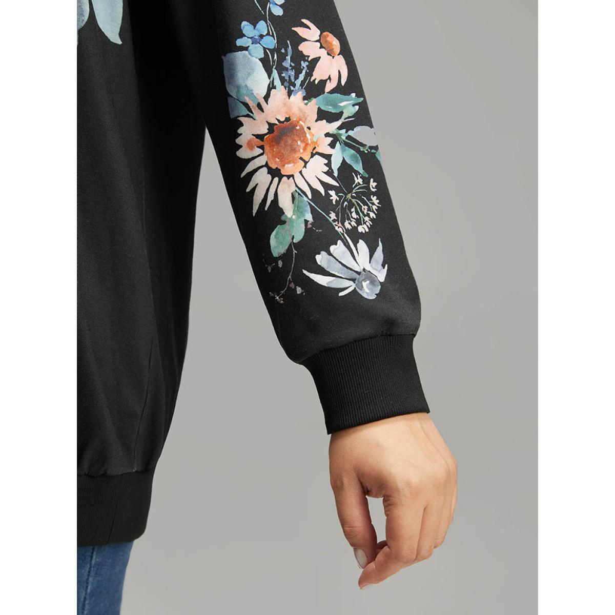 Plus Size Floral Print Round Neck Sweatshirt Women Black Casual Elastic cuffs Round Neck Dailywear Sweatshirts BloomChic 14-16/1X Product Image