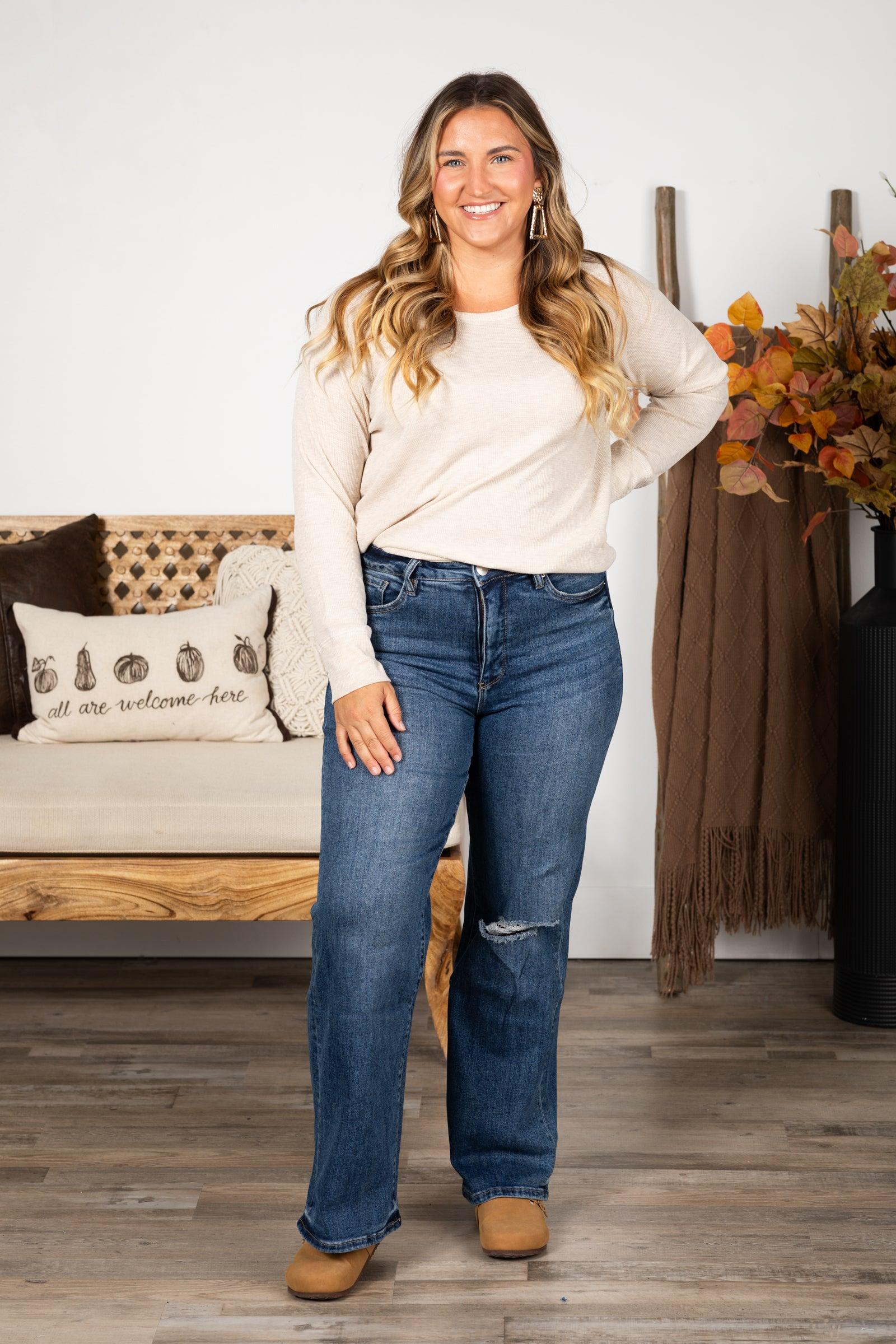 RFM Medium Wash Distress Knee Wide Leg Jean Product Image