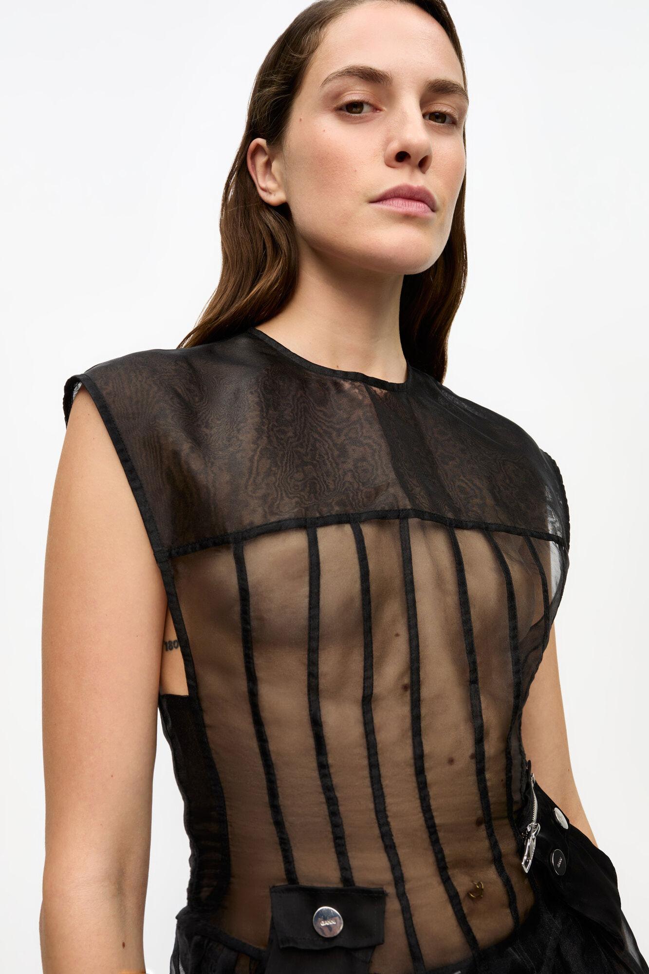 Black Technical Organza Corset Midi Dress Product Image