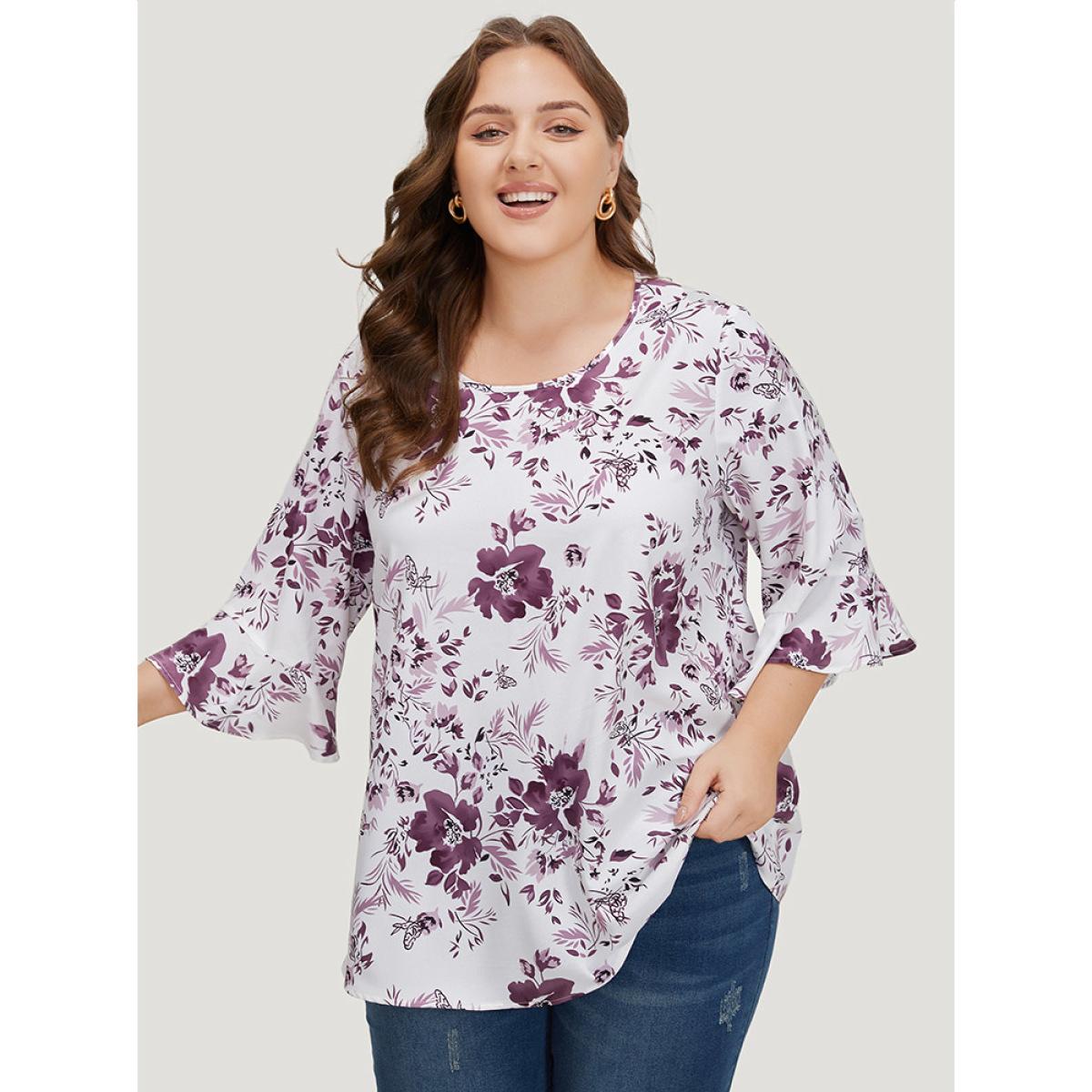 Plus Size Multicolor Floral Print Bell Sleeve Crew Neck Blouse Women Elegant Elbow-length sleeve Round Neck Dailywear Blouses BloomChic 10/M Product Image